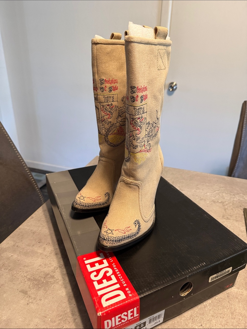 Diesel Beige Embroidered Canvas Knee-High Heeled Boots